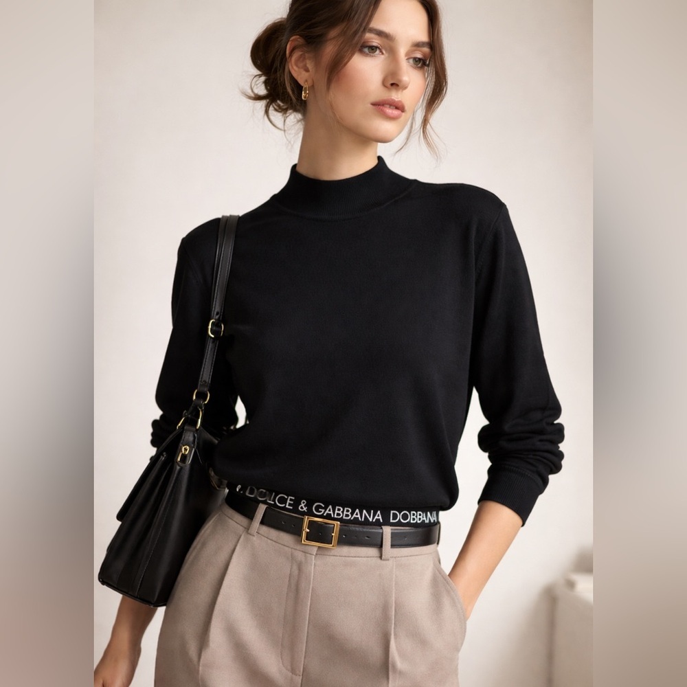 Dolce & Gabbana Maglie Black Mock Neck Logo Hem Knit Sweater Top